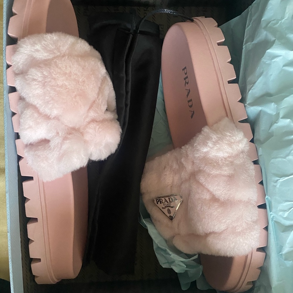 PINK FUR PRADA SLIDES